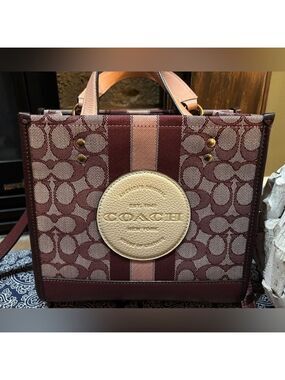 Coach Dempsey Tote 22 Crossbody Bag - Signature Canvas Stripe - Wine/Burgundy